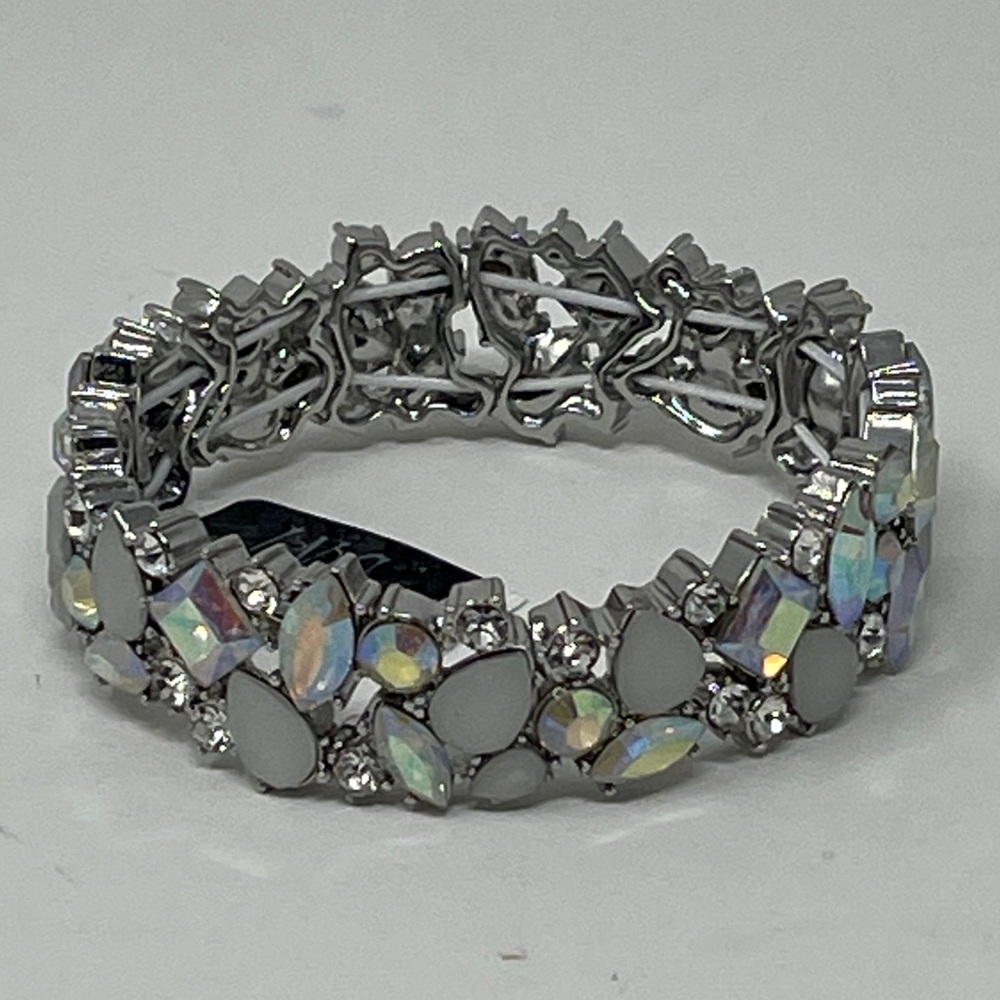 Silver Tone Cluster Stone Stretch Bracelet - Picture 3 of 5